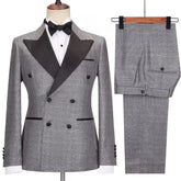Cenne Des Graoom 2024 New Elegant Grey Tuxedo Suits for Men Double Breasted Black Satin Collar Jacket Pants 2 Pcs Set Wedding